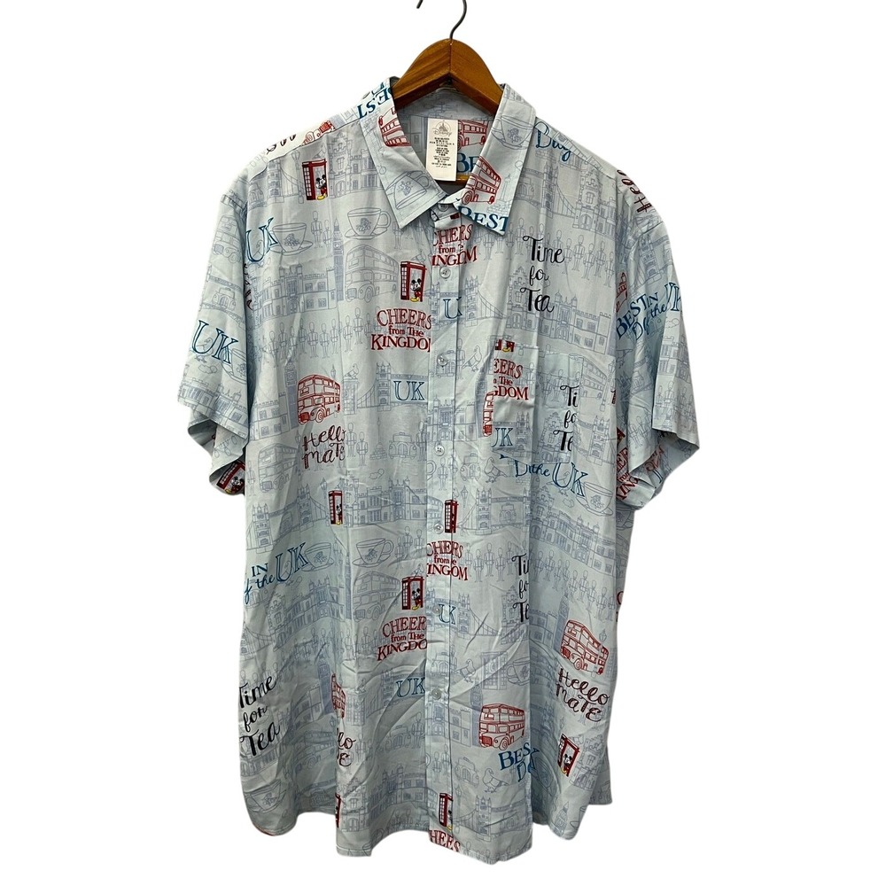 Disney Parks Shirt Mens XXL Blue UK Mickey Mouse London All Over Print Button Up